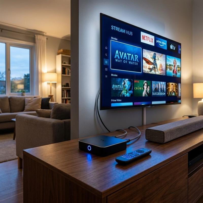 IPTV-box ansluten till TV för stabil streaming av HLS och MPEG-TS