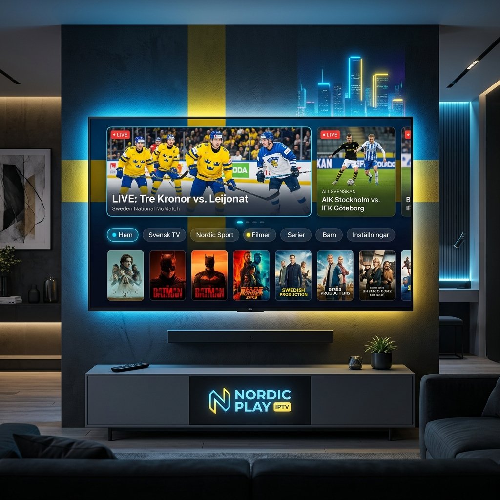 Premium Smart TV IPTV streaming interface mockup showing 4K sports and movies
